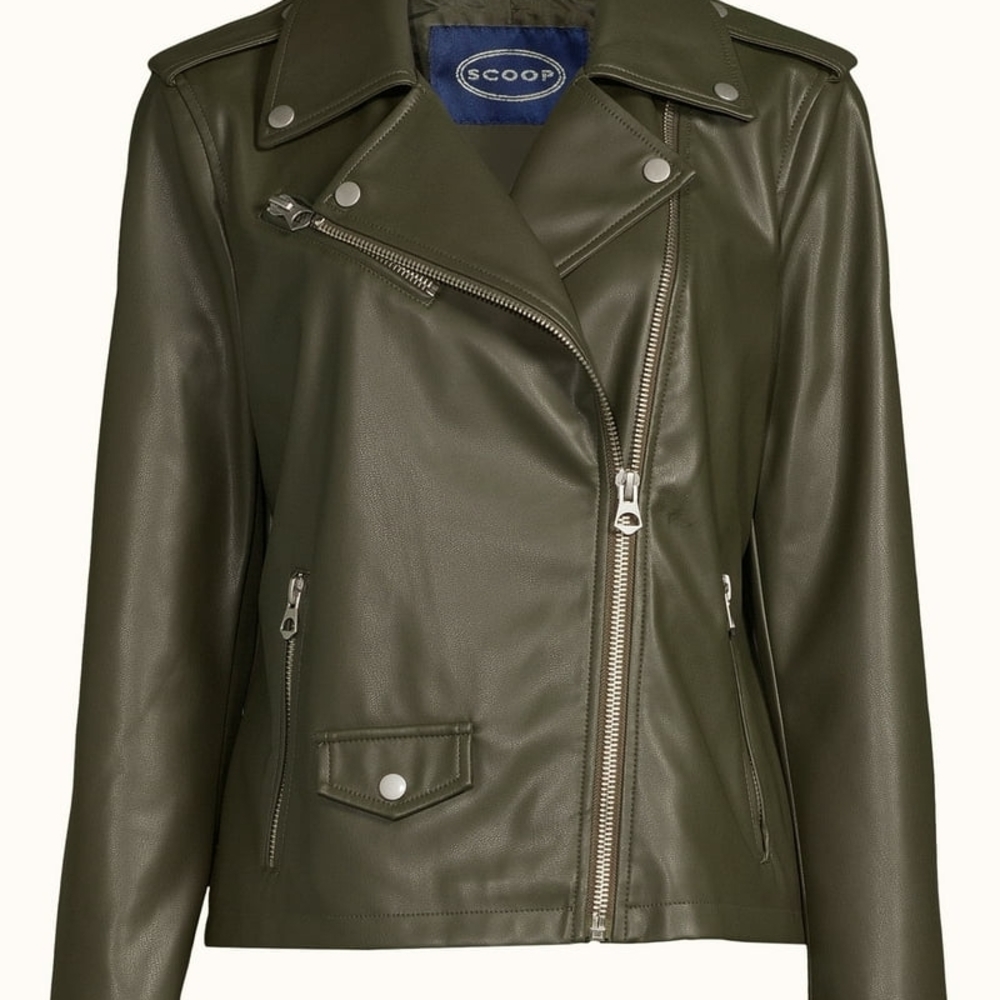 Green Leather Biker Jacket with Asymmetrical Zipper and Snap-Button Collar
